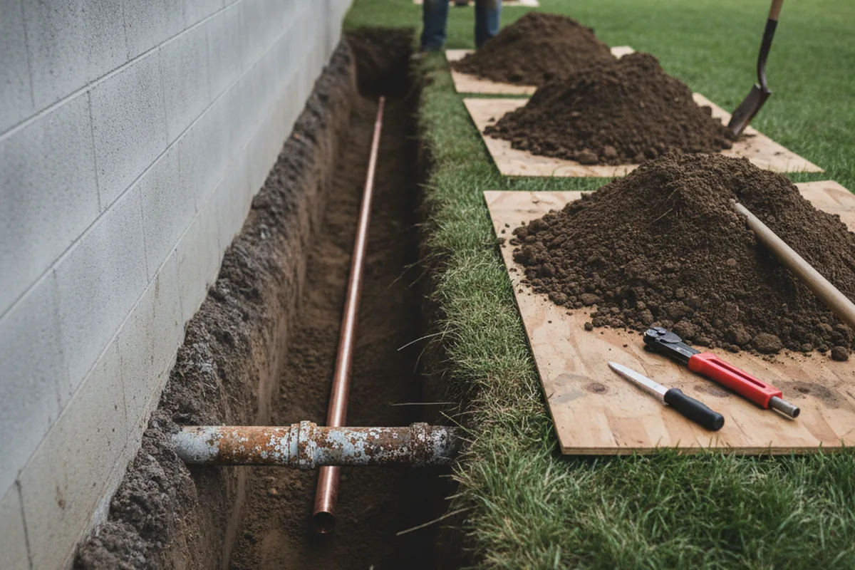 Excavated water line trench during Water Heater Repair in Crowley